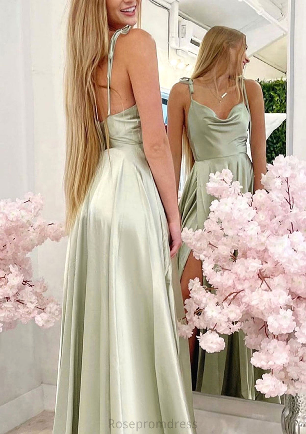 A-line Cowl Neck Spaghetti Straps Long/Floor-Length Charmeuse Bridesmaid Dresses With Split Ida SRSP0025330