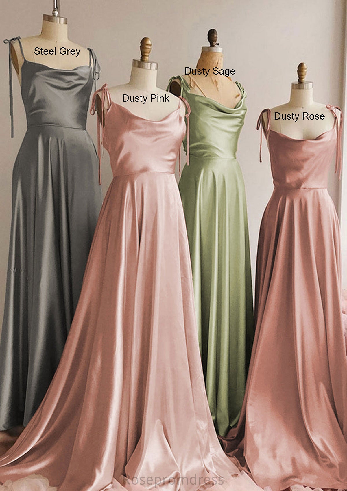 A-line Cowl Neck Spaghetti Straps Long/Floor-Length Charmeuse Bridesmaid Dresses With Split Ida SRSP0025330