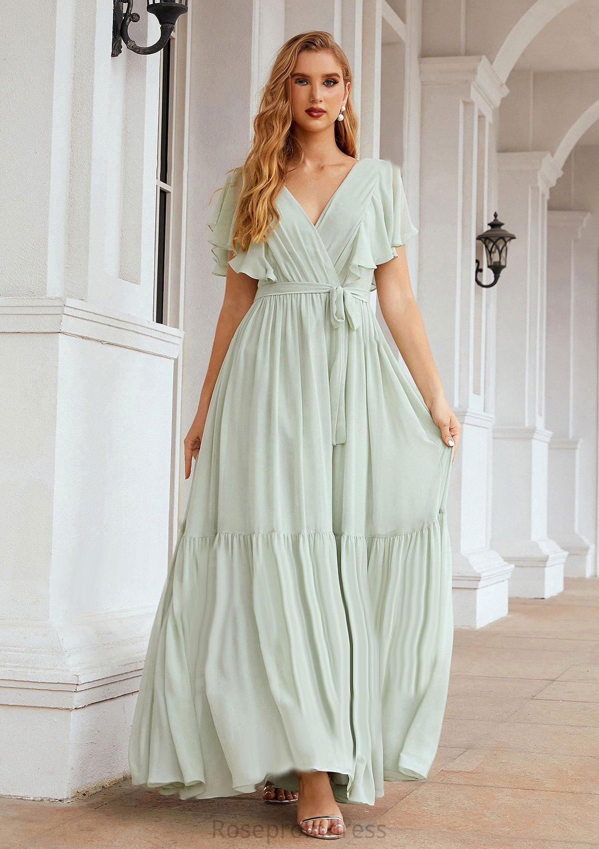 A-line V Neck Short Sleeve Chiffon Long/Floor-Length Bridesmaid Dresses With Pleated Macy SRSP0025331