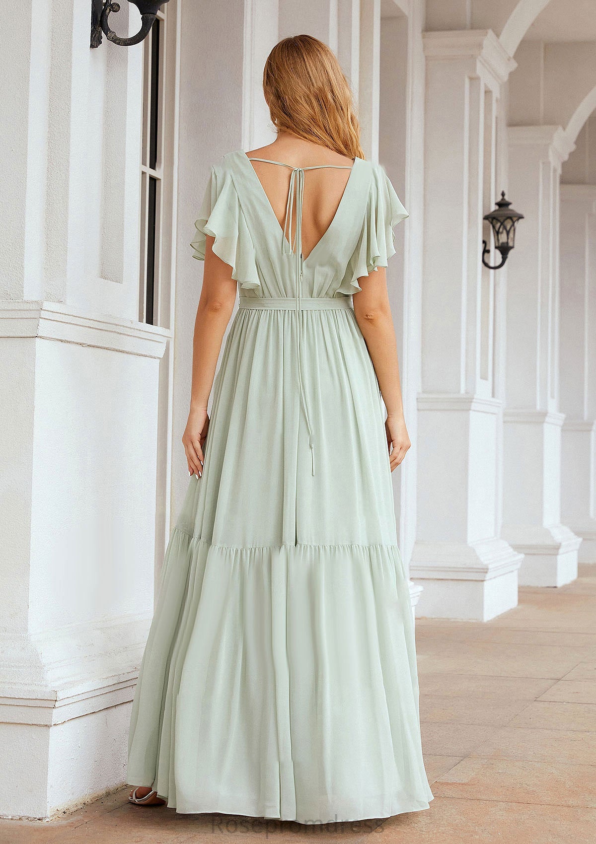 A-line V Neck Short Sleeve Chiffon Long/Floor-Length Bridesmaid Dresses With Pleated Macy SRSP0025331