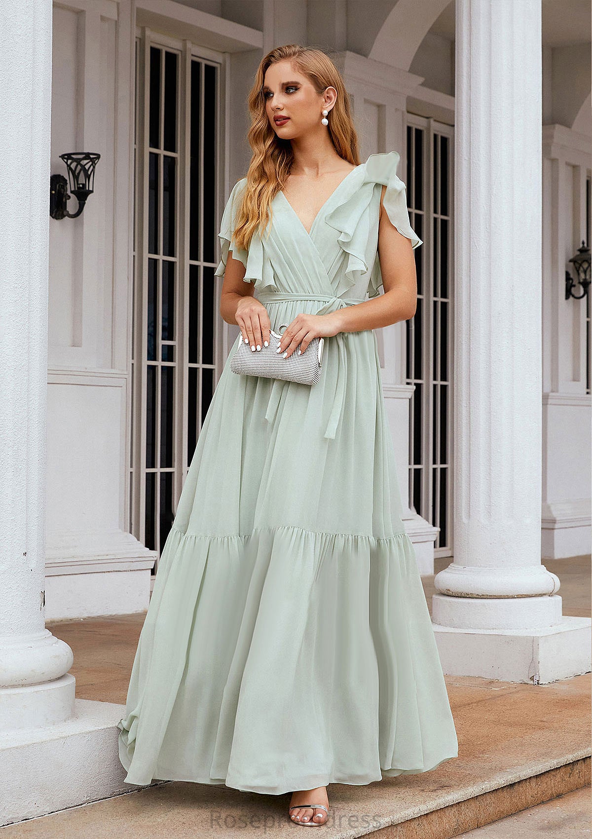 A-line V Neck Short Sleeve Chiffon Long/Floor-Length Bridesmaid Dresses With Pleated Macy SRSP0025331