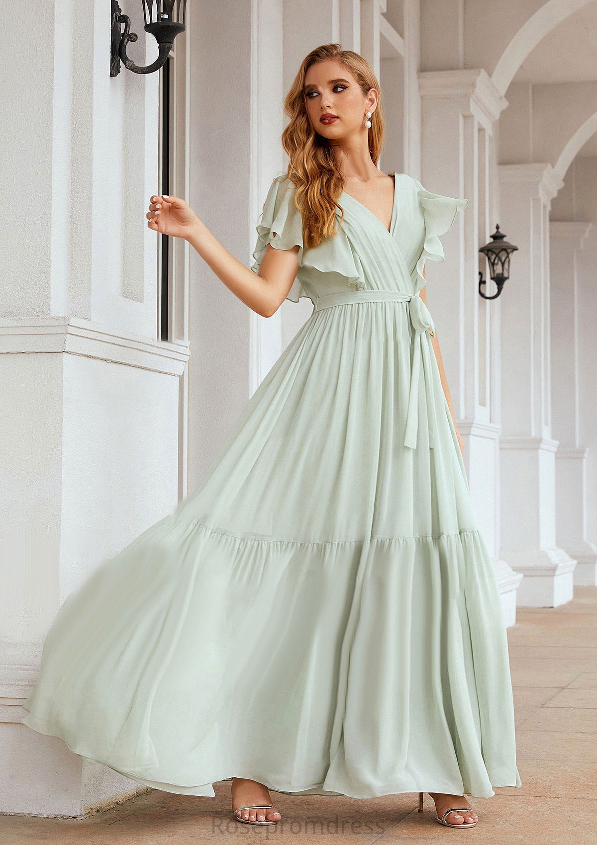 A-line V Neck Short Sleeve Chiffon Long/Floor-Length Bridesmaid Dresses With Pleated Macy SRSP0025331