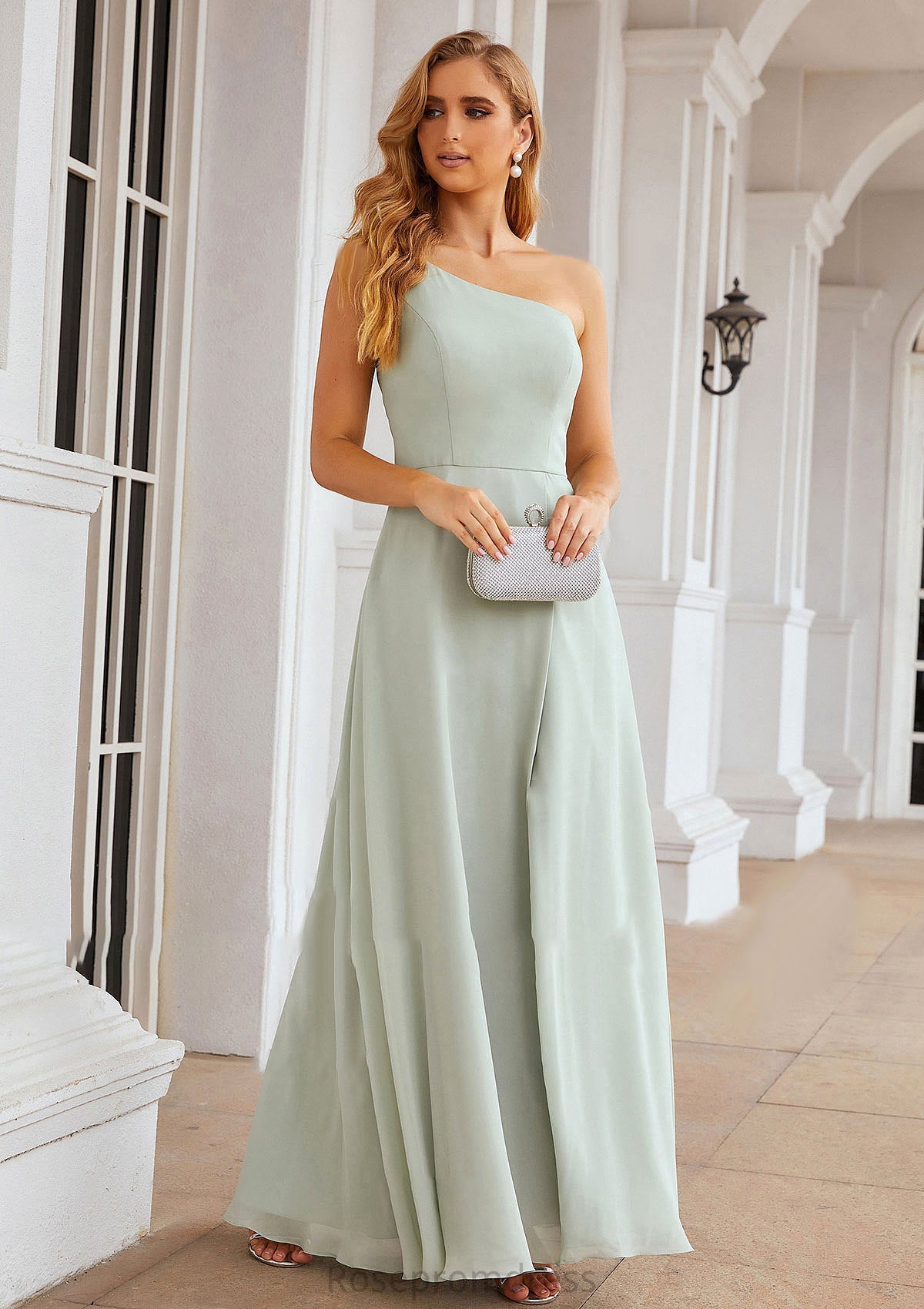 A-line One-Shoulder Sleeveless Long/Floor-Length Chiffon Bridesmaid Dresses With Split Rayna SRSP0025333