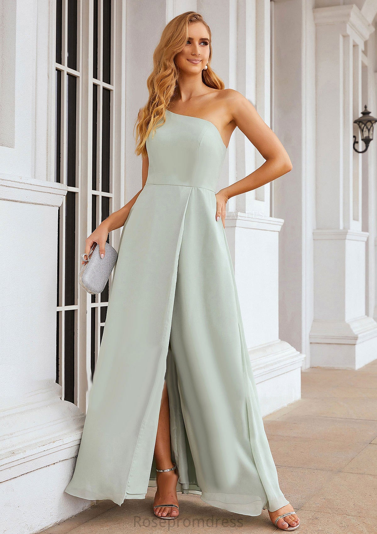 A-line One-Shoulder Sleeveless Long/Floor-Length Chiffon Bridesmaid Dresses With Split Rayna SRSP0025333