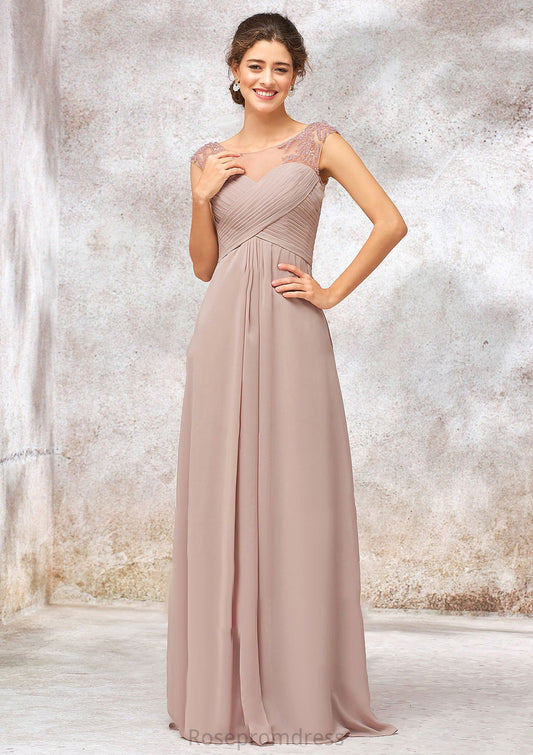 Illusion Neck Long/Floor-Length Chiffon A-line/Princess Bridesmaid Dresses  With Sequins Pleated Beading Gisselle SRSP0025334