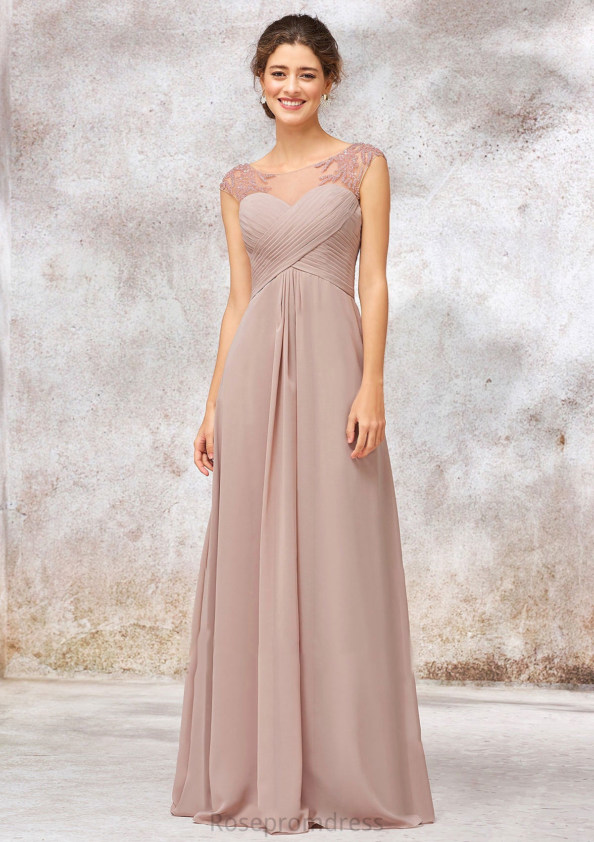 Illusion Neck Long/Floor-Length Chiffon A-line/Princess Bridesmaid Dresses  With Sequins Pleated Beading Gisselle SRSP0025334