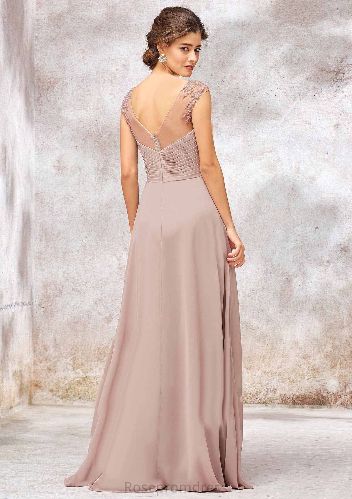 Illusion Neck Long/Floor-Length Chiffon A-line/Princess Bridesmaid Dresses  With Sequins Pleated Beading Gisselle SRSP0025334