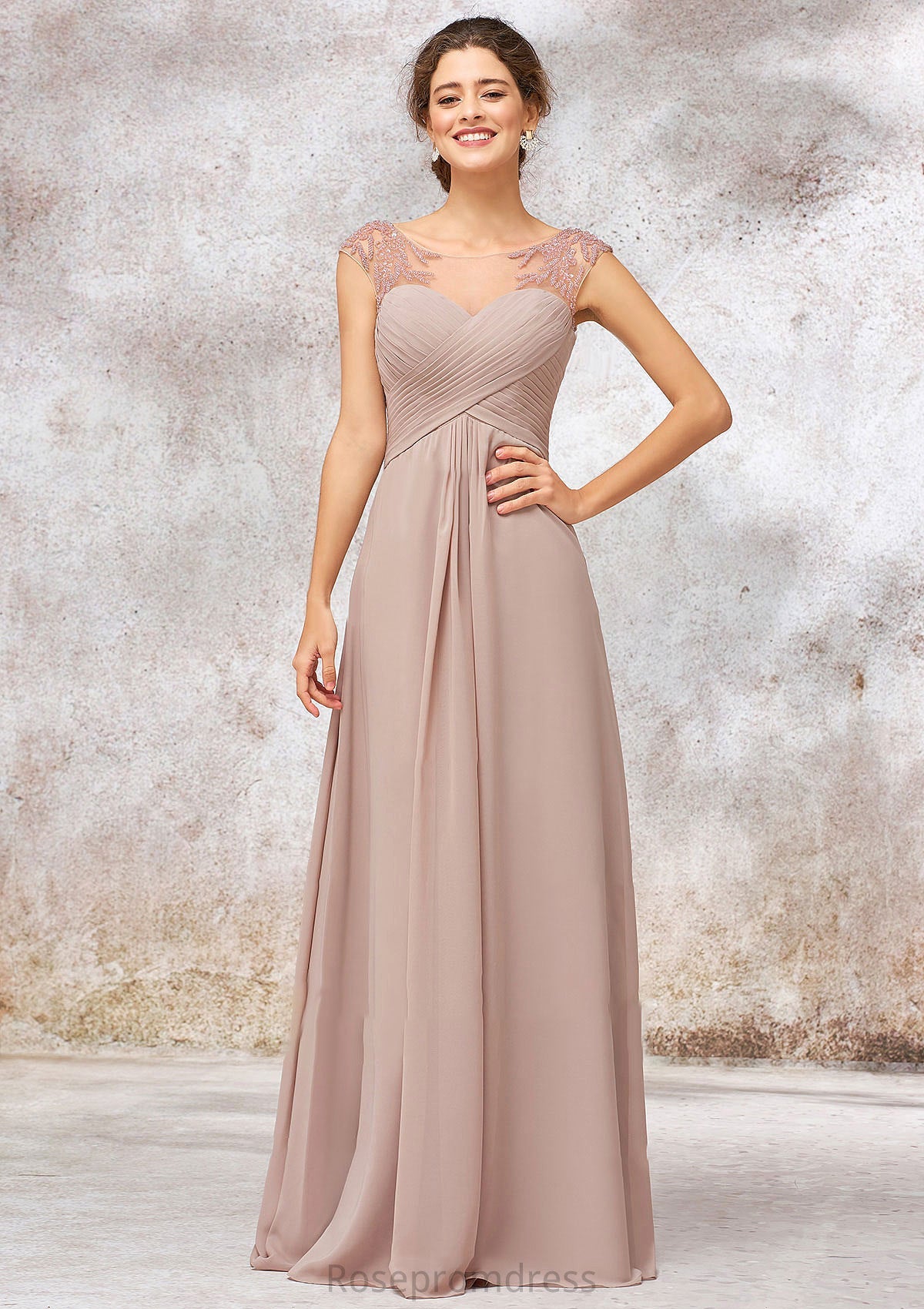 Illusion Neck Long/Floor-Length Chiffon A-line/Princess Bridesmaid Dresses  With Sequins Pleated Beading Gisselle SRSP0025334