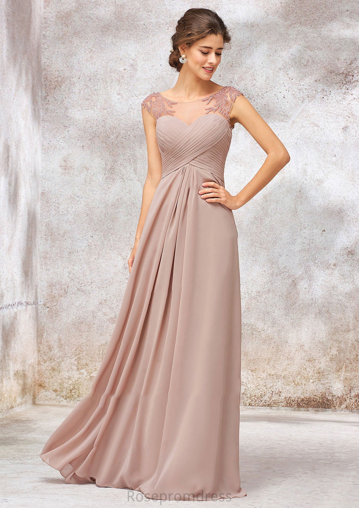 Illusion Neck Long/Floor-Length Chiffon A-line/Princess Bridesmaid Dresses  With Sequins Pleated Beading Gisselle SRSP0025334