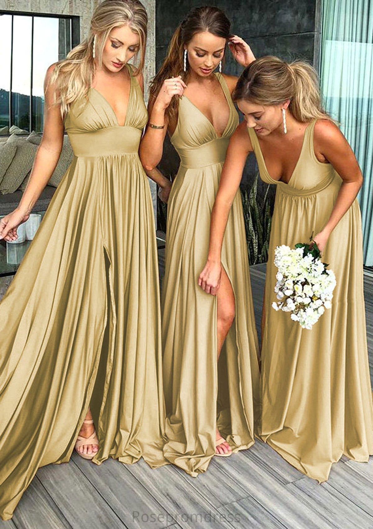 A-Line/Princess V-Neck Sweep Train Jersey Bridesmaid Dresses With Split Front Pleated Waistband Audrina SRSP0025336