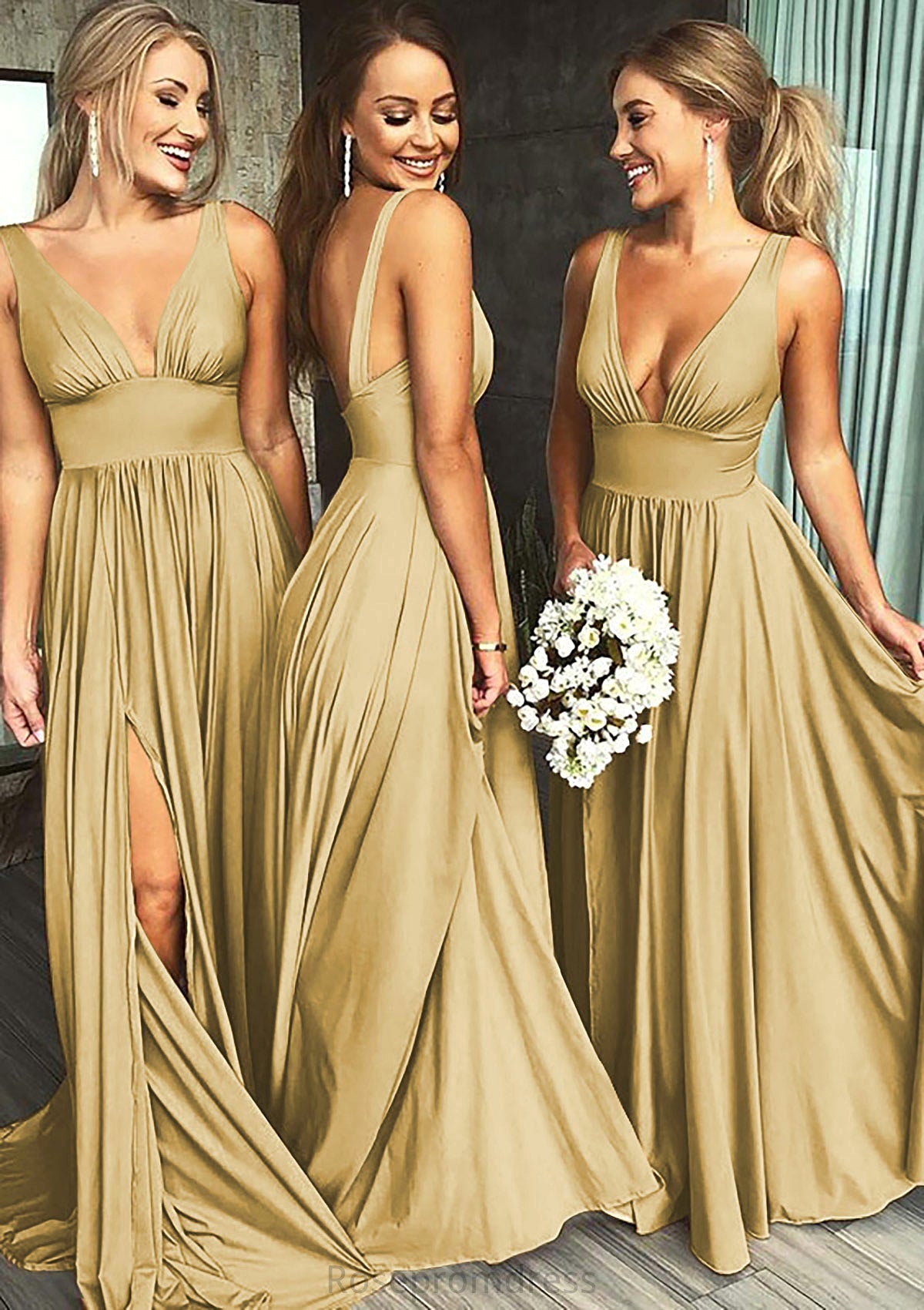 A-Line/Princess V-Neck Sweep Train Jersey Bridesmaid Dresses With Split Front Pleated Waistband Audrina SRSP0025336