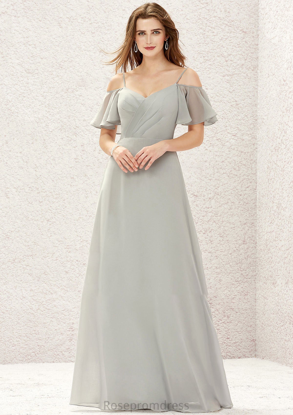 A-line Sweetheart Short Sleeve Long/Floor-Length Chiffon Bridesmaid Dresses With Pleated Lorna SRSP0025338