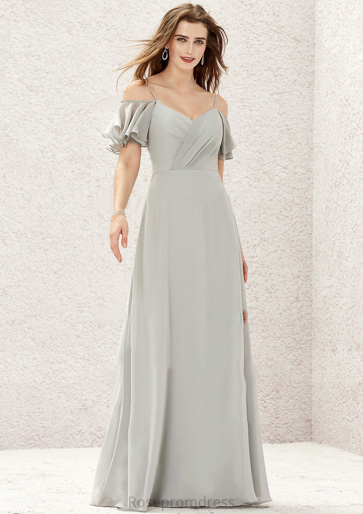 A-line Sweetheart Short Sleeve Long/Floor-Length Chiffon Bridesmaid Dresses With Pleated Lorna SRSP0025338