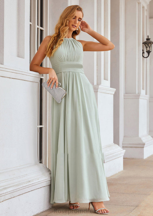 A-line Halter Sleeveless Long/Floor-Length Chiffon Bridesmaid Dresses With Pleated Britney SRSP0025342