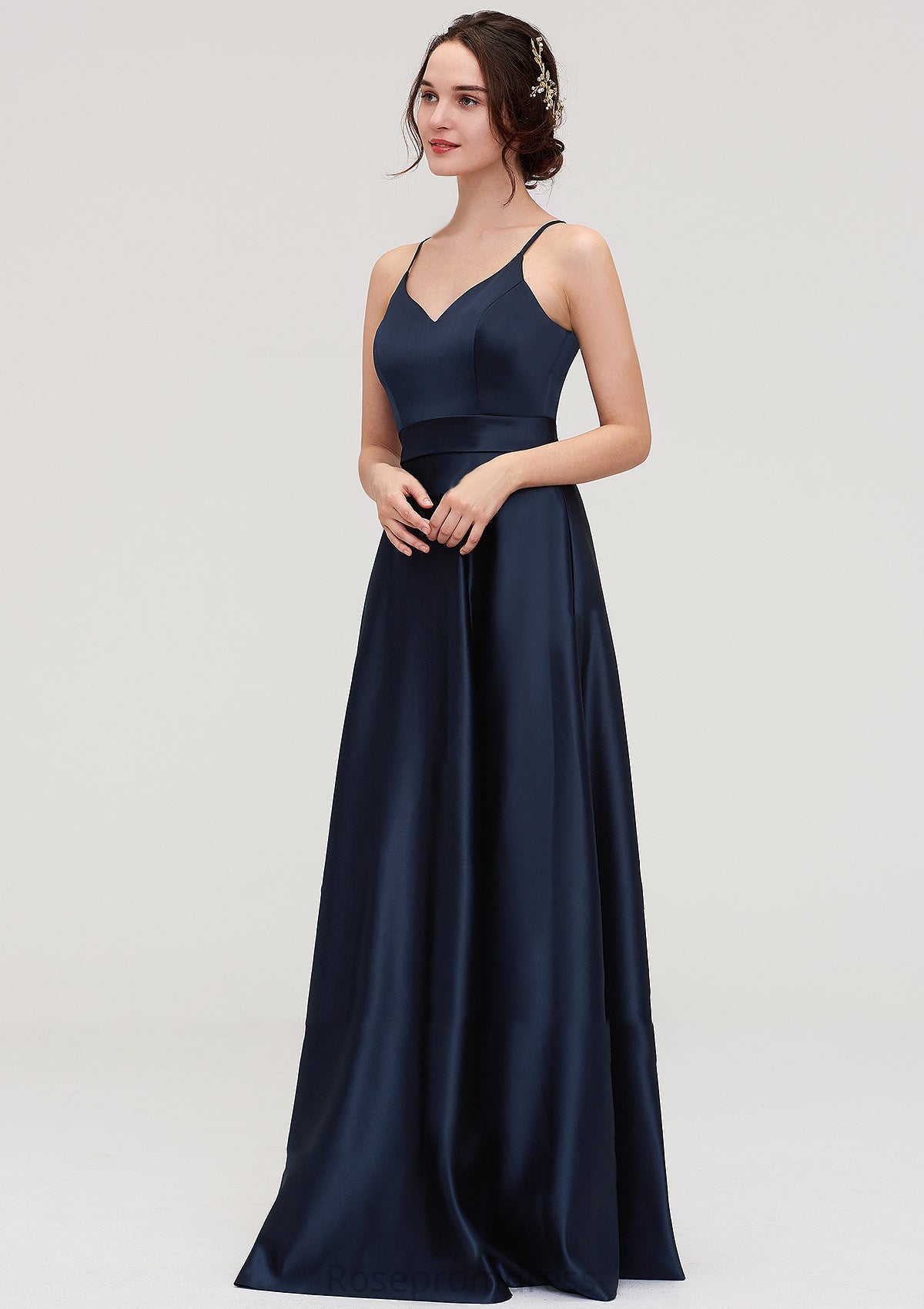 V Neck Sleeveless Long/Floor-Length Satin A-line/Princess Bridesmaid Dresseses Presley SRSP0025345