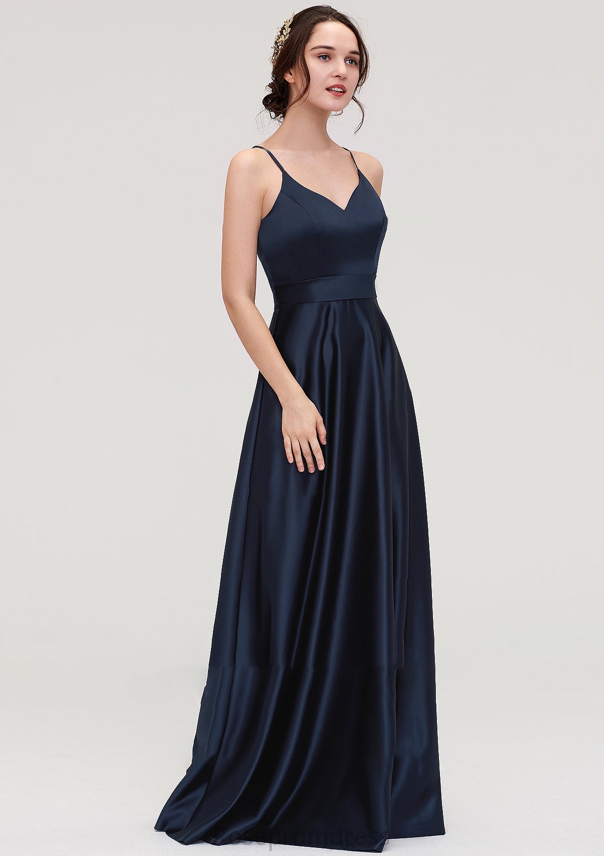 V Neck Sleeveless Long/Floor-Length Satin A-line/Princess Bridesmaid Dresseses Presley SRSP0025345