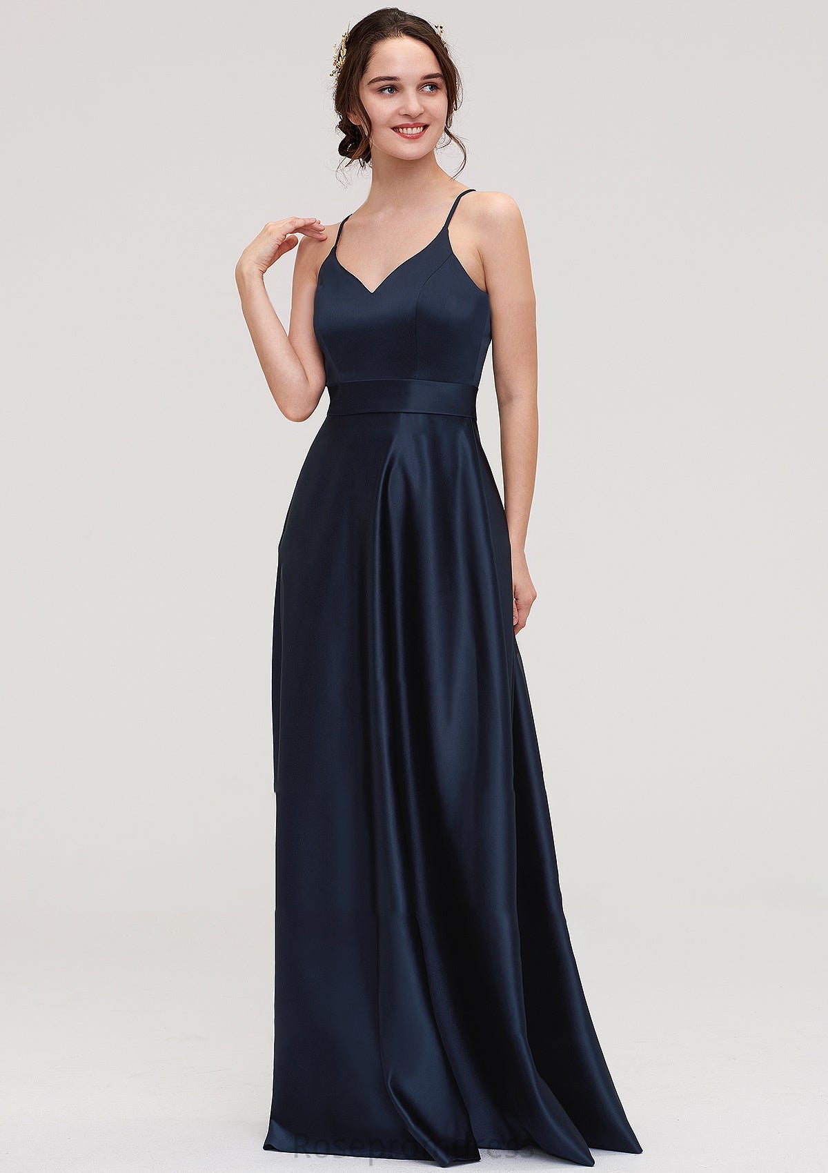 V Neck Sleeveless Long/Floor-Length Satin A-line/Princess Bridesmaid Dresseses Presley SRSP0025345