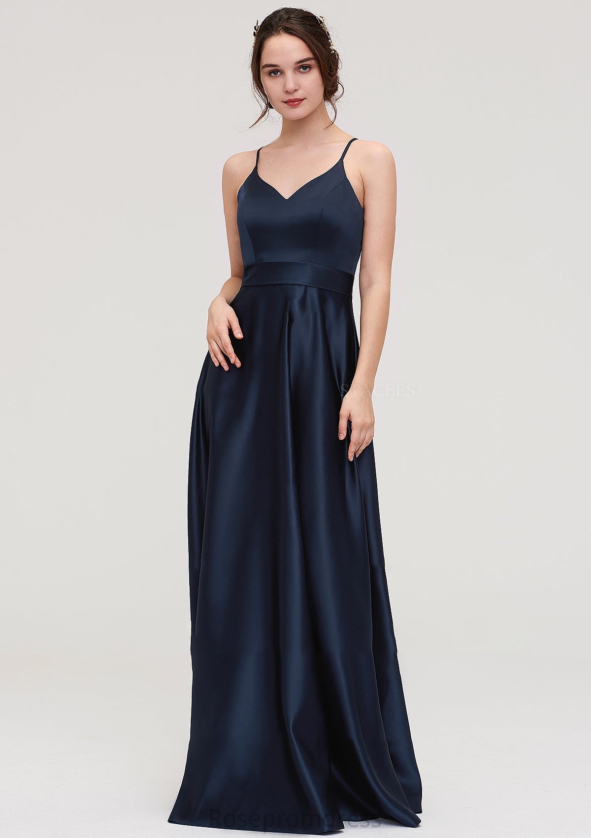 V Neck Sleeveless Long/Floor-Length Satin A-line/Princess Bridesmaid Dresseses Presley SRSP0025345