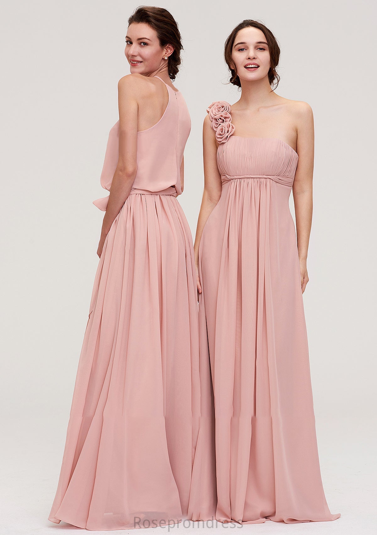 Sleeveless One-Shoulder Long/Floor-Length Chiffon A-line/Princess Bridesmaid Dresses With Pleated Flowers Kimora SRSP0025346