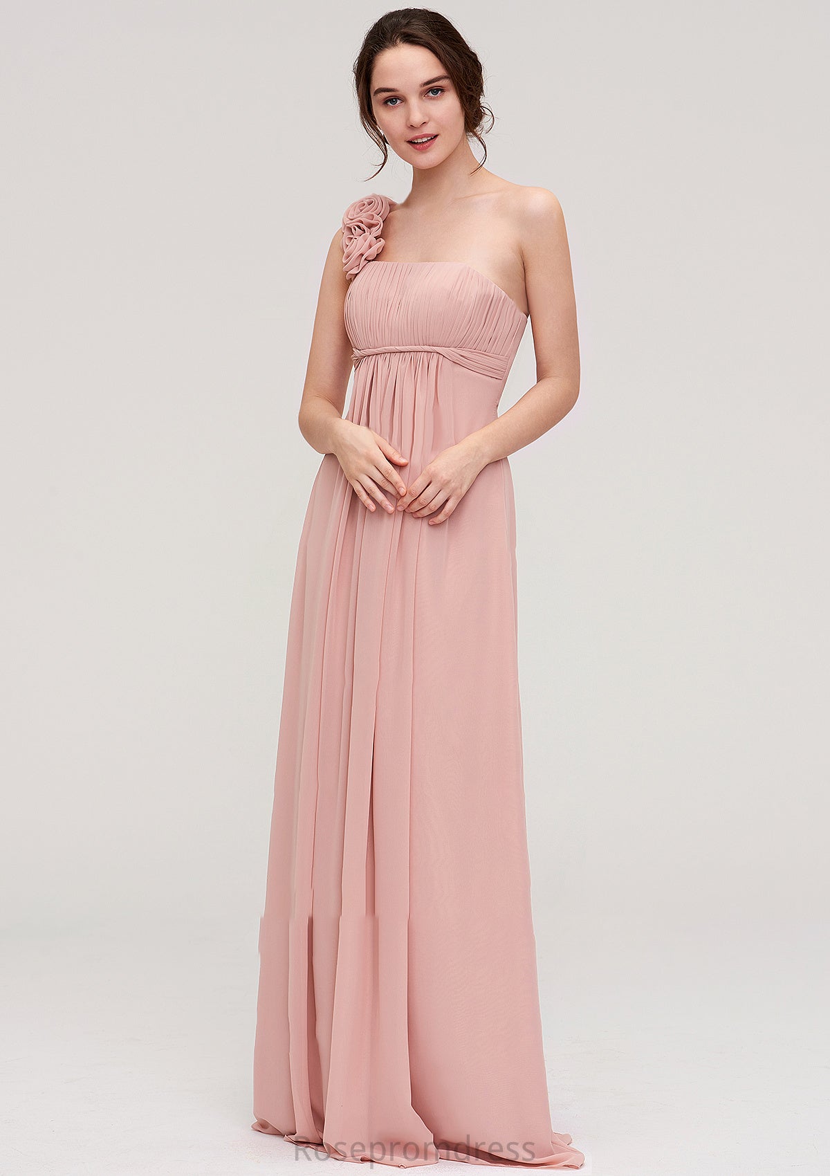 Sleeveless One-Shoulder Long/Floor-Length Chiffon A-line/Princess Bridesmaid Dresses With Pleated Flowers Kimora SRSP0025346