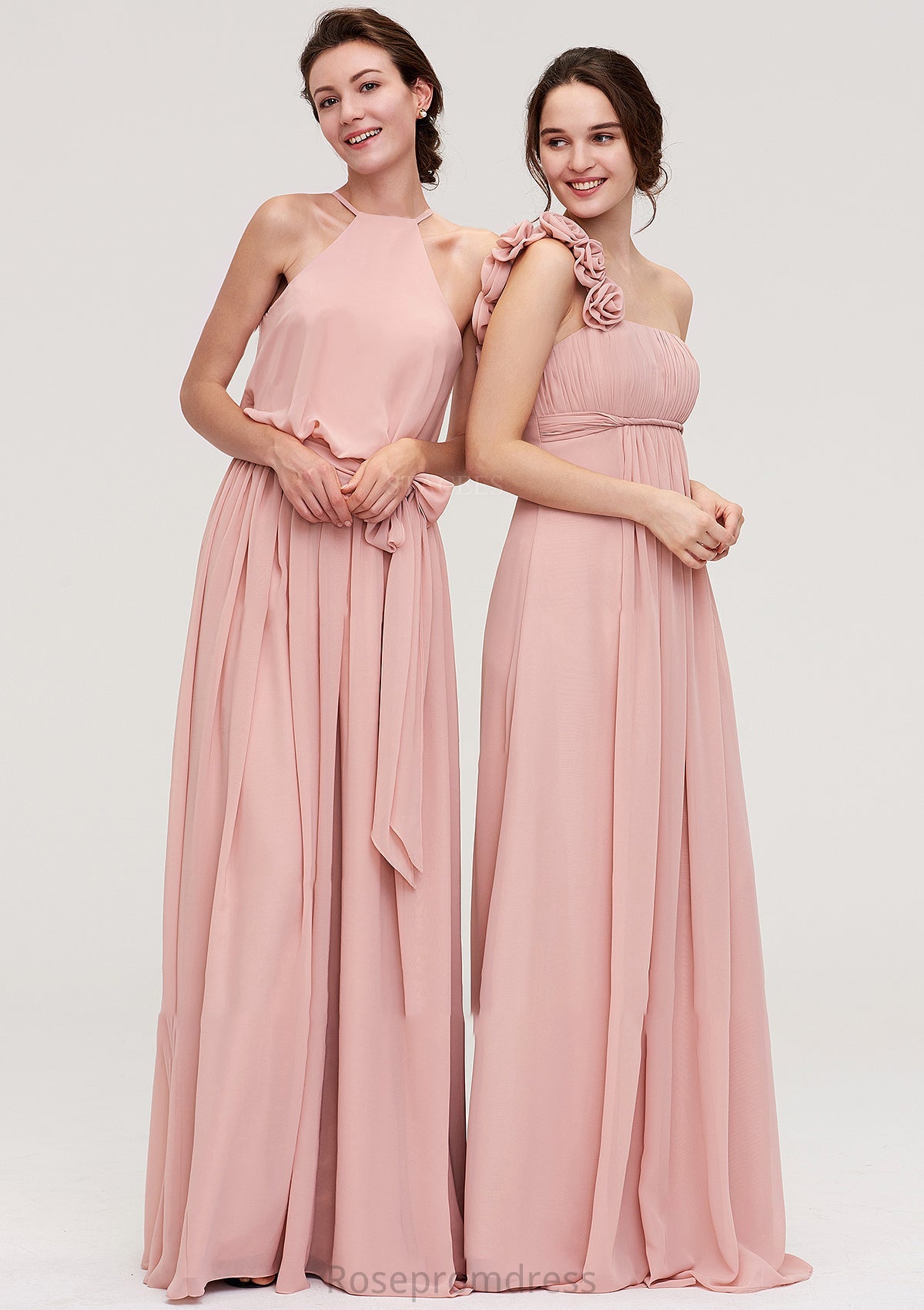 Sleeveless One-Shoulder Long/Floor-Length Chiffon A-line/Princess Bridesmaid Dresses With Pleated Flowers Kimora SRSP0025346