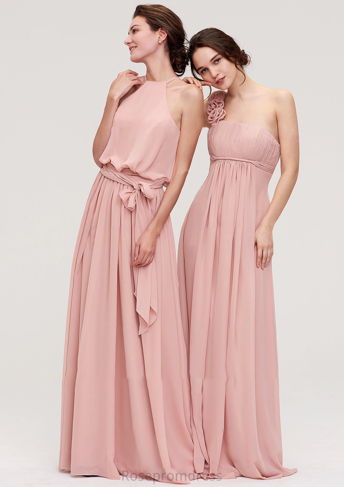 Sleeveless One-Shoulder Long/Floor-Length Chiffon A-line/Princess Bridesmaid Dresses With Pleated Flowers Kimora SRSP0025346