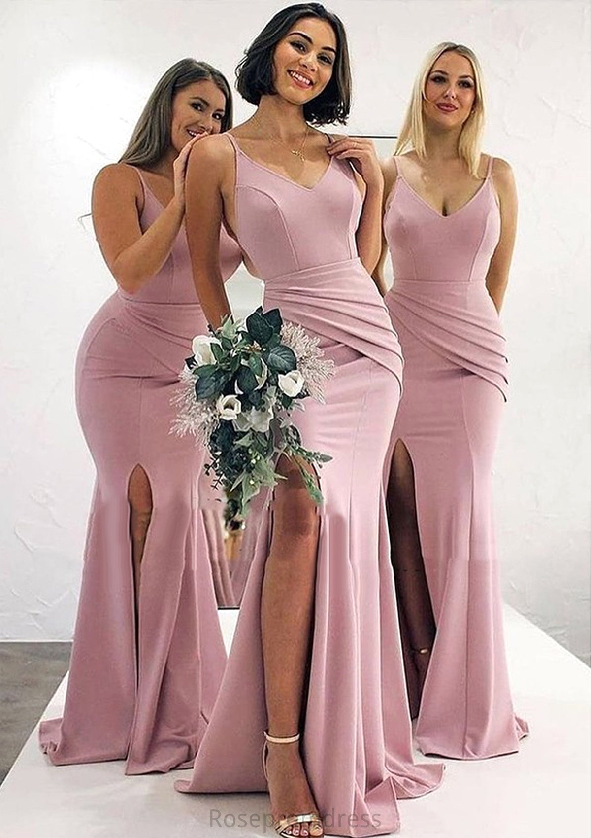 Trumpet/Mermaid V Neck Sleeveless Long/Floor-Length Elastic Satin Bridesmaid Dresses With Pleated Split Isla SRSP0025347