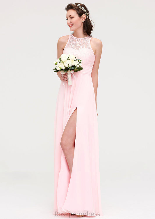 Sleeveless Scoop Neck Chiffon A-line/Princess Long/Floor-Length Bridesmaid Dresseses With Split Lace Marin SRSP0025349