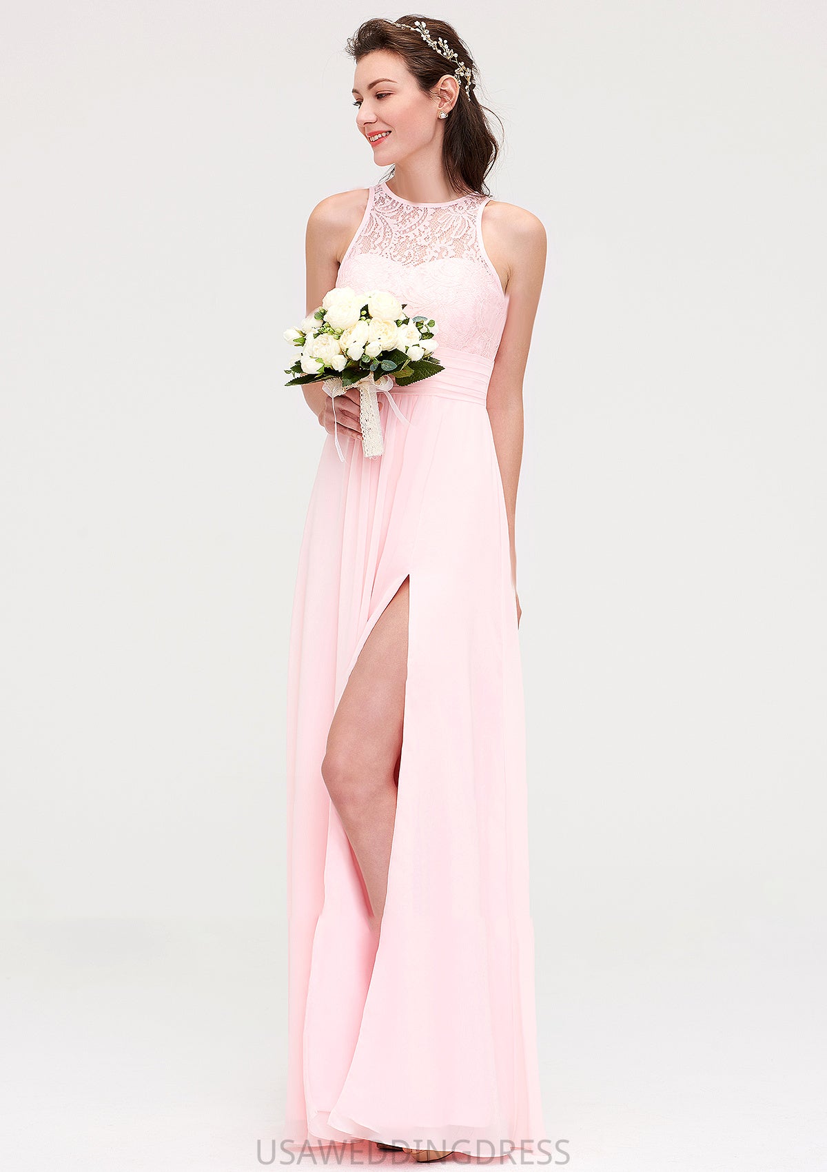 Sleeveless Scoop Neck Chiffon A-line/Princess Long/Floor-Length Bridesmaid Dresseses With Split Lace Nova DSP0025349