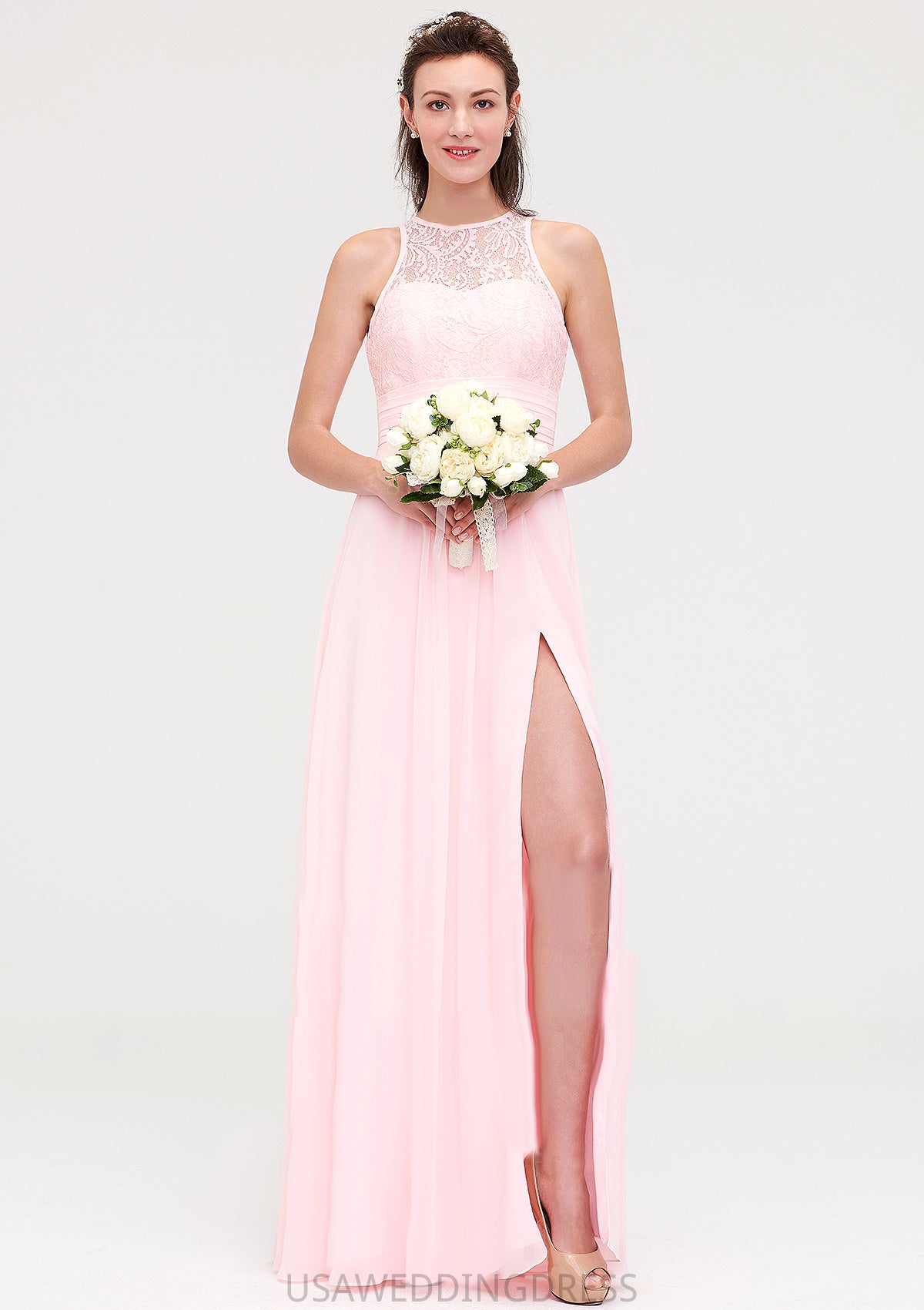 Sleeveless Scoop Neck Chiffon A-line/Princess Long/Floor-Length Bridesmaid Dresseses With Split Lace Nova DSP0025349