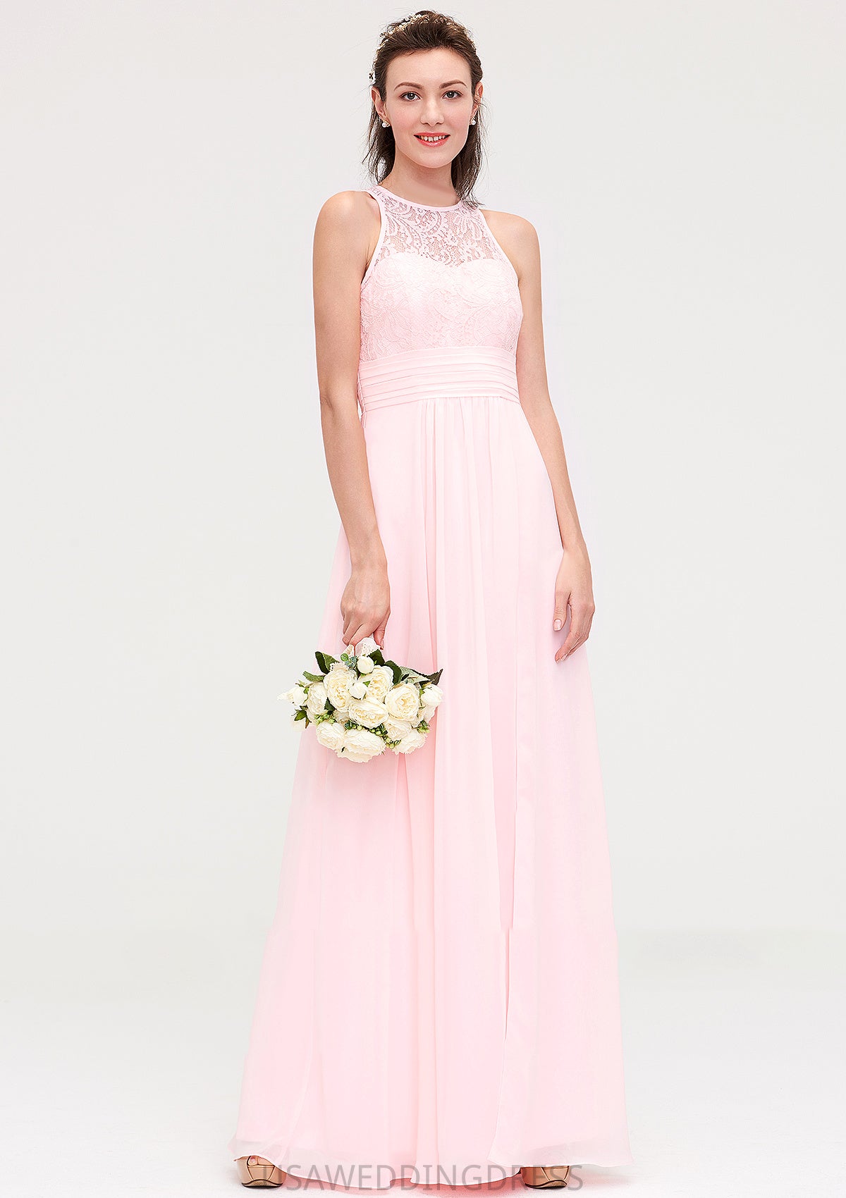 Sleeveless Scoop Neck Chiffon A-line/Princess Long/Floor-Length Bridesmaid Dresseses With Split Lace Nova DSP0025349