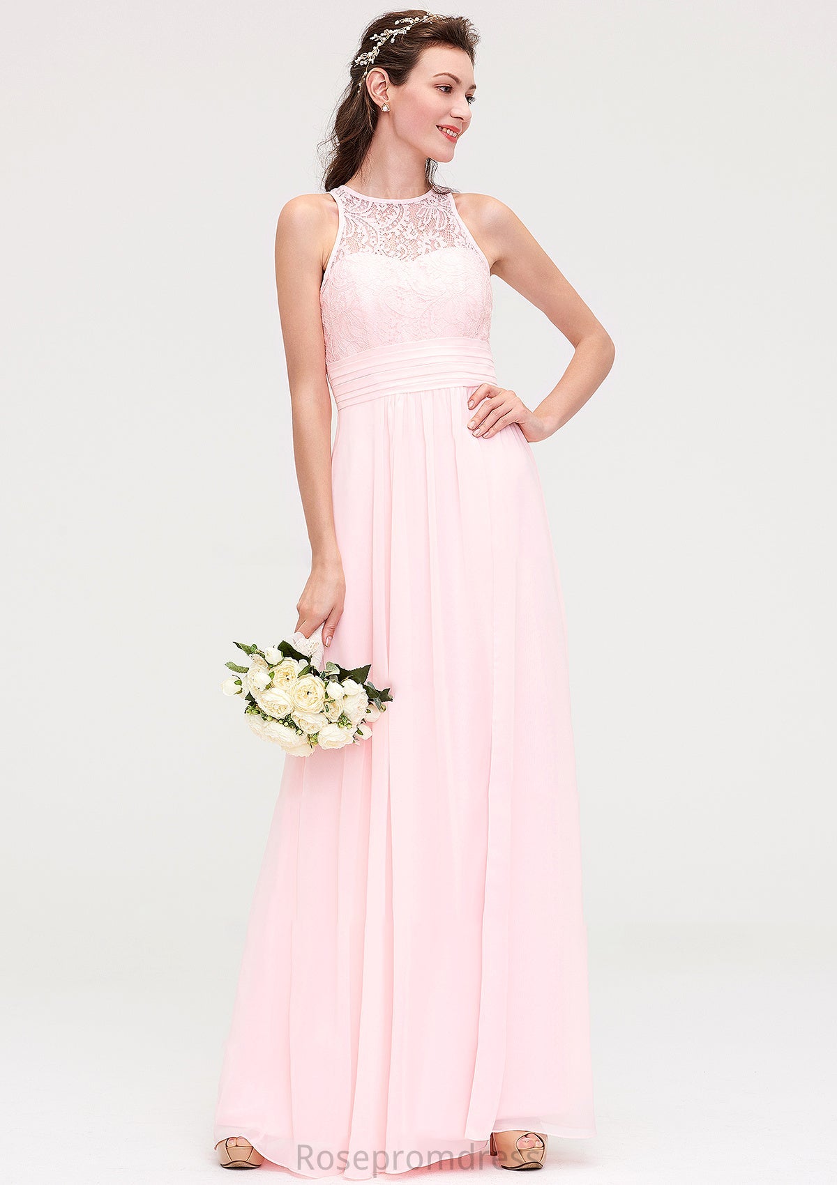 Sleeveless Scoop Neck Chiffon A-line/Princess Long/Floor-Length Bridesmaid Dresseses With Split Lace Marin SRSP0025349