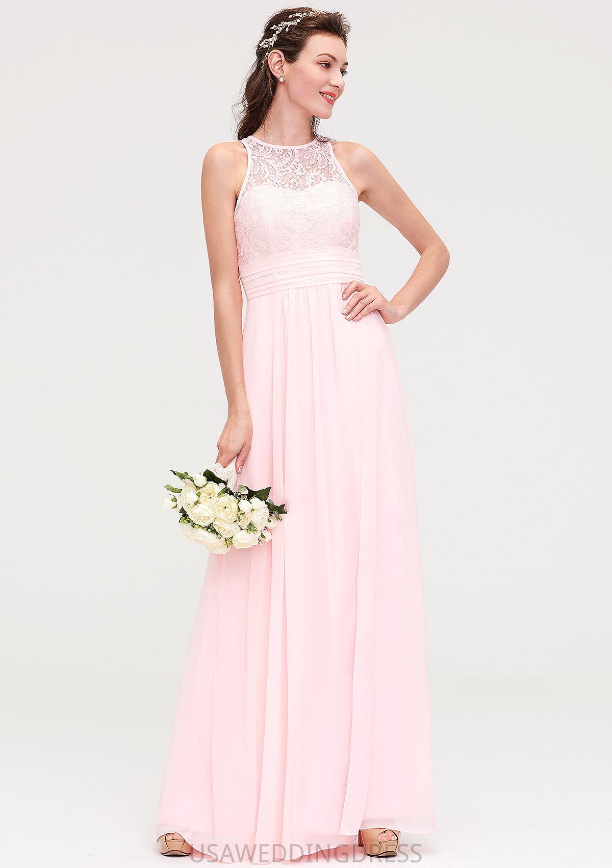 Sleeveless Scoop Neck Chiffon A-line/Princess Long/Floor-Length Bridesmaid Dresseses With Split Lace Nova DSP0025349