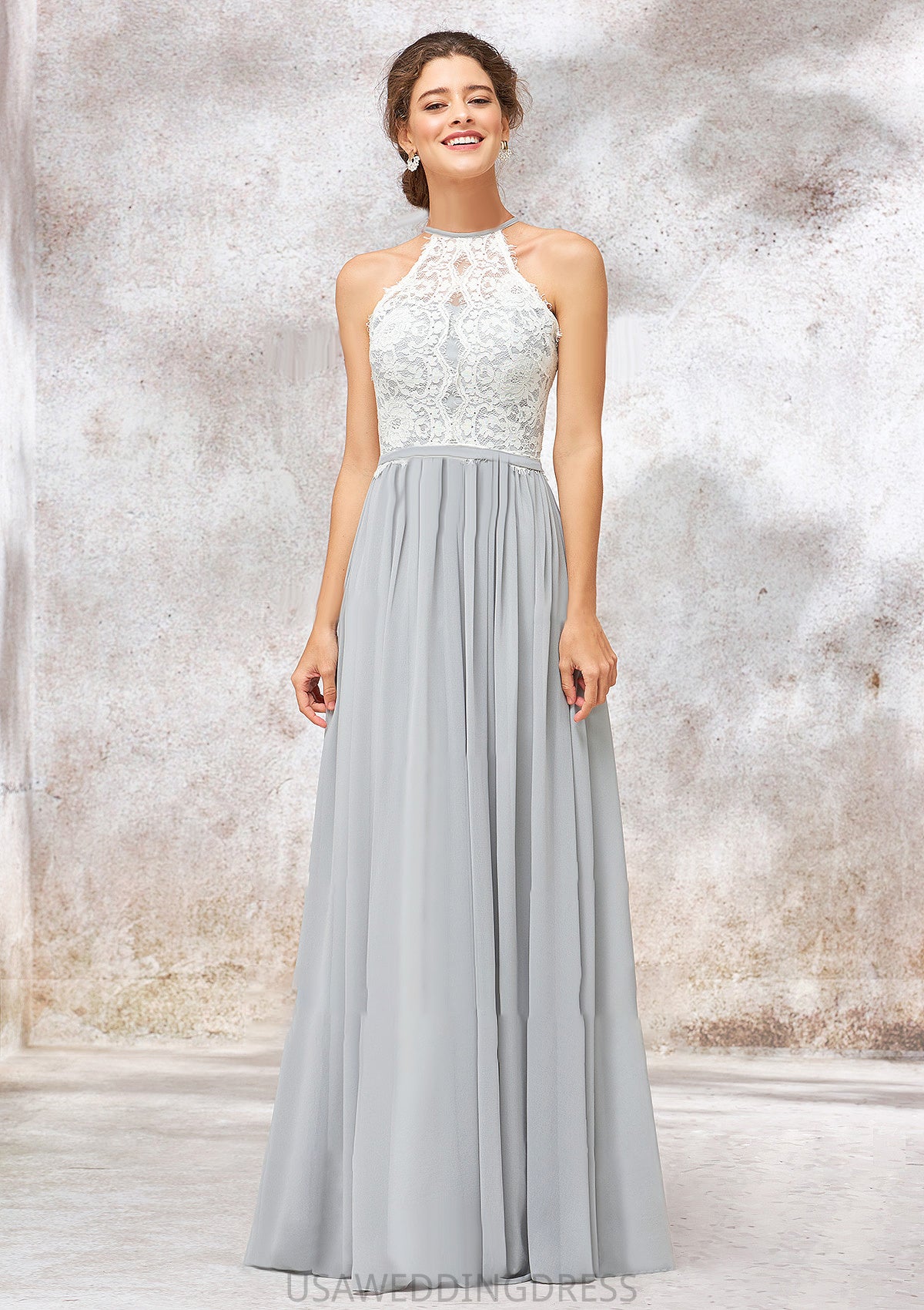 Scoop Neck A-line/Princess Sleeveless Chiffon Long/Floor-Length Bridesmaid Dresses With Lace Nylah DSP0025350