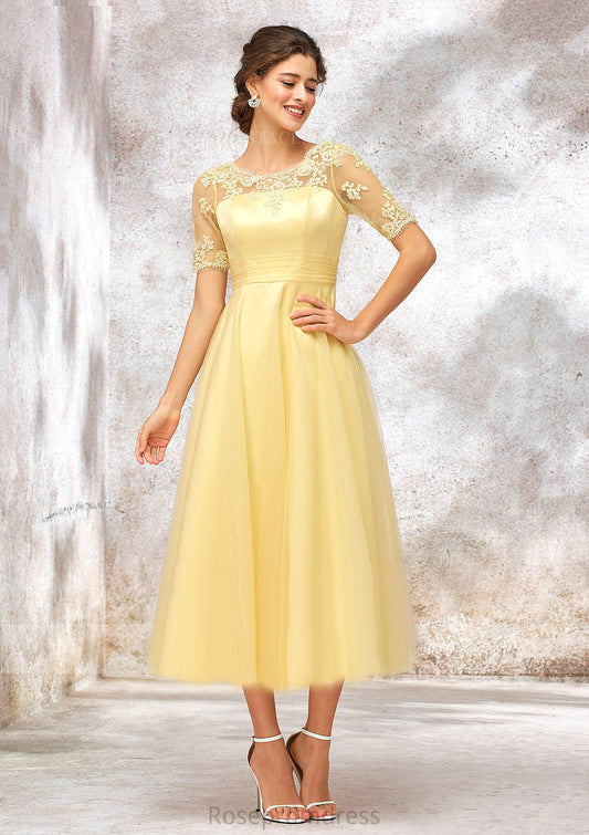 Short Sleeve A-line/Princess Tulle Bateau Bridesmaid Dresses With Lace Appliqued Sally SRSP0025351