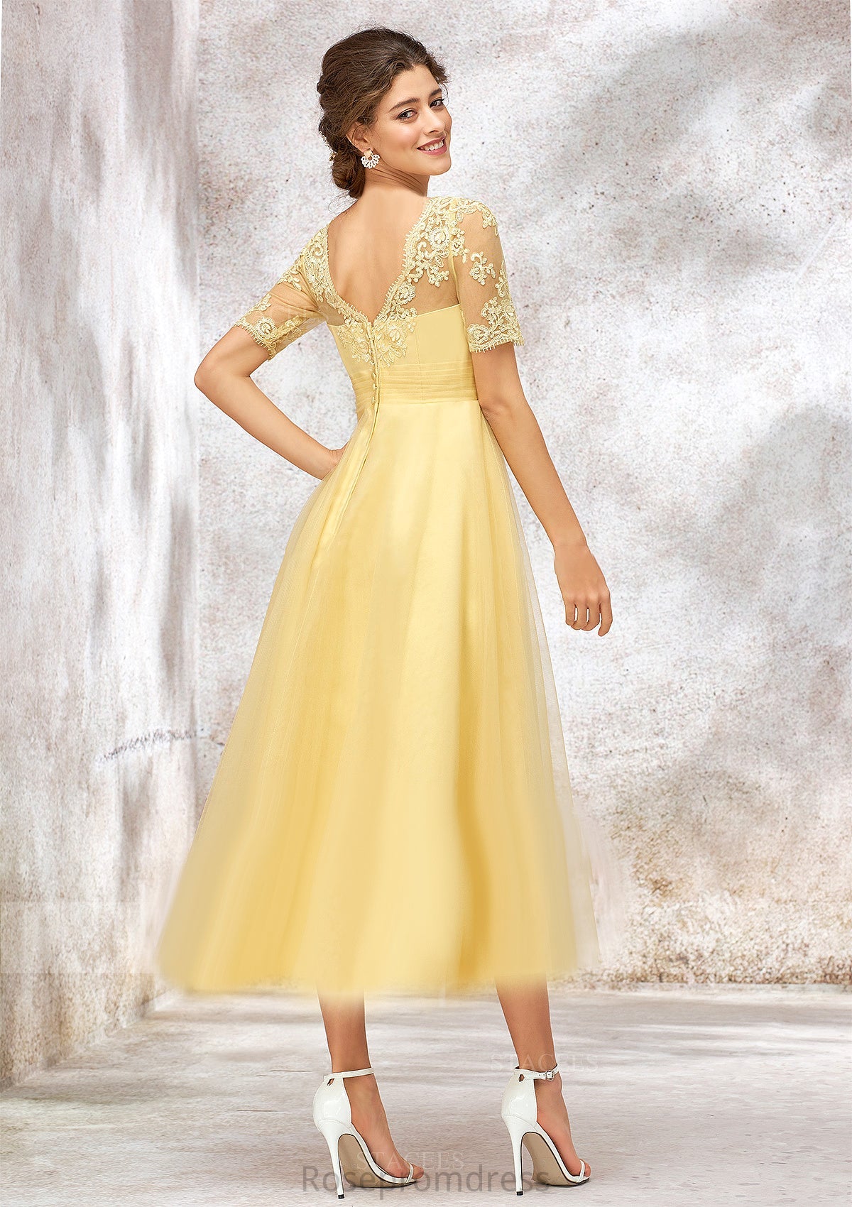 Short Sleeve A-line/Princess Tulle Bateau Bridesmaid Dresses With Lace Appliqued Sally SRSP0025351