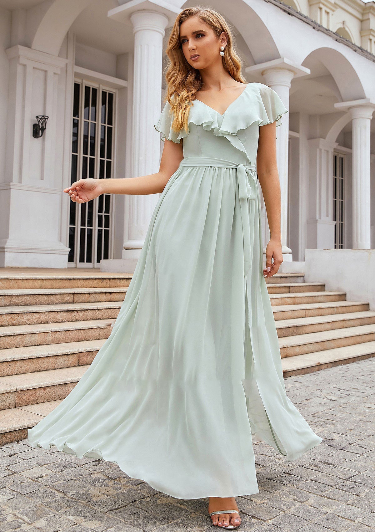 A-line V Neck Short Sleeve Long/Floor-Length Chiffon Bridesmaid Dresses With Sashes Ruffles Carlie SRSP0025352