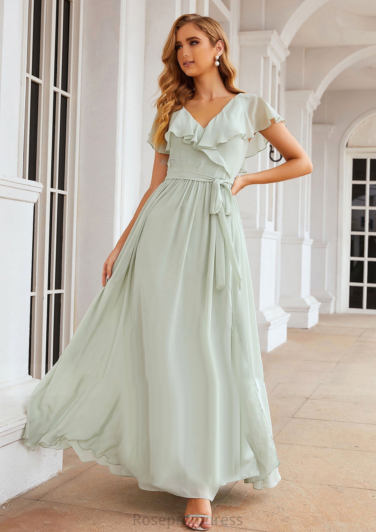 A-line V Neck Short Sleeve Long/Floor-Length Chiffon Bridesmaid Dresses With Sashes Ruffles Carlie SRSP0025352