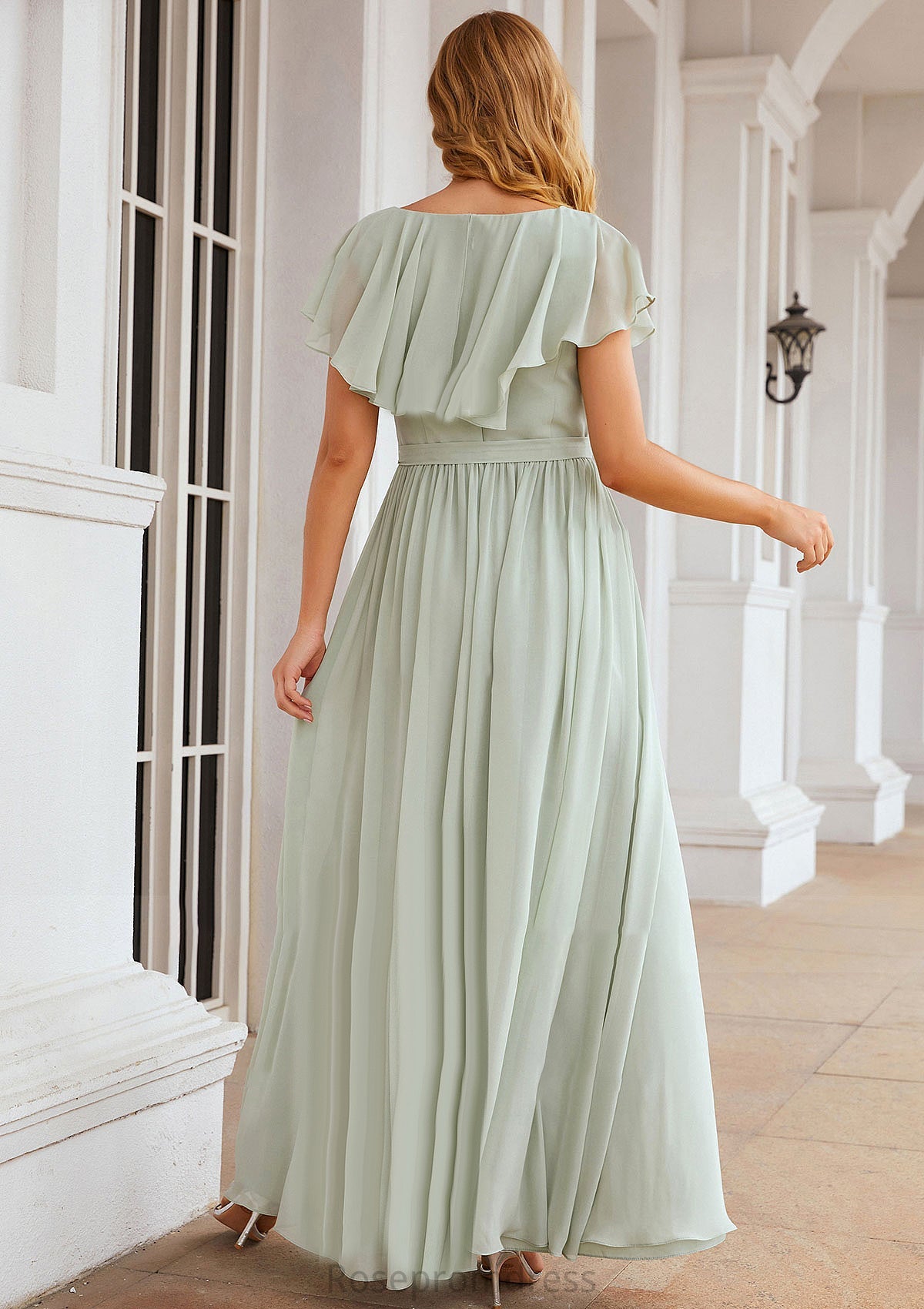 A-line V Neck Short Sleeve Long/Floor-Length Chiffon Bridesmaid Dresses With Sashes Ruffles Carlie SRSP0025352