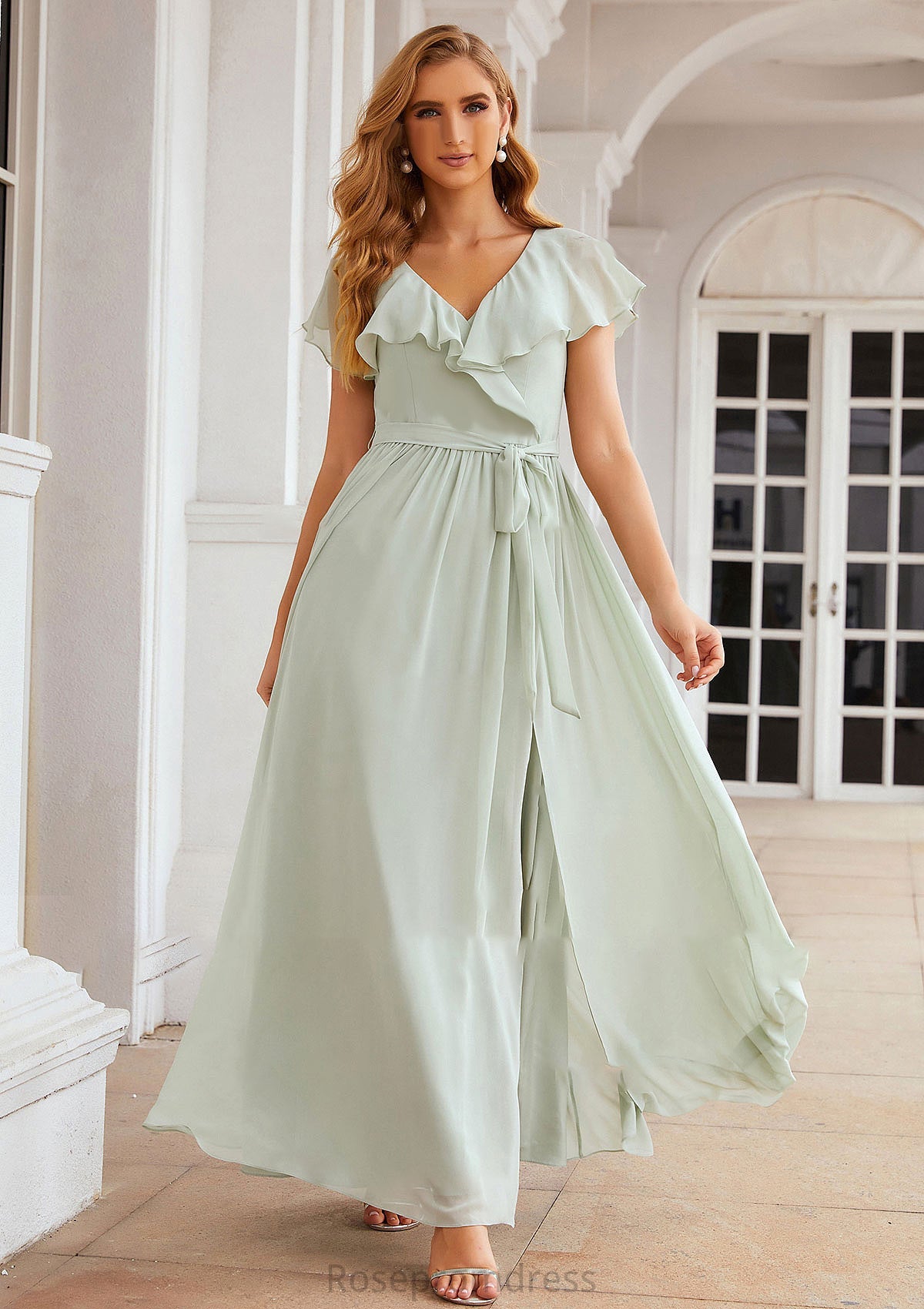 A-line V Neck Short Sleeve Long/Floor-Length Chiffon Bridesmaid Dresses With Sashes Ruffles Carlie SRSP0025352