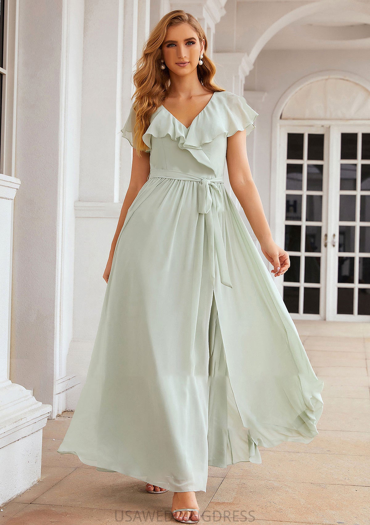 A-line V Neck Short Sleeve Long/Floor-Length Chiffon Bridesmaid Dresses With Sashes Ruffles Adelaide DSP0025352