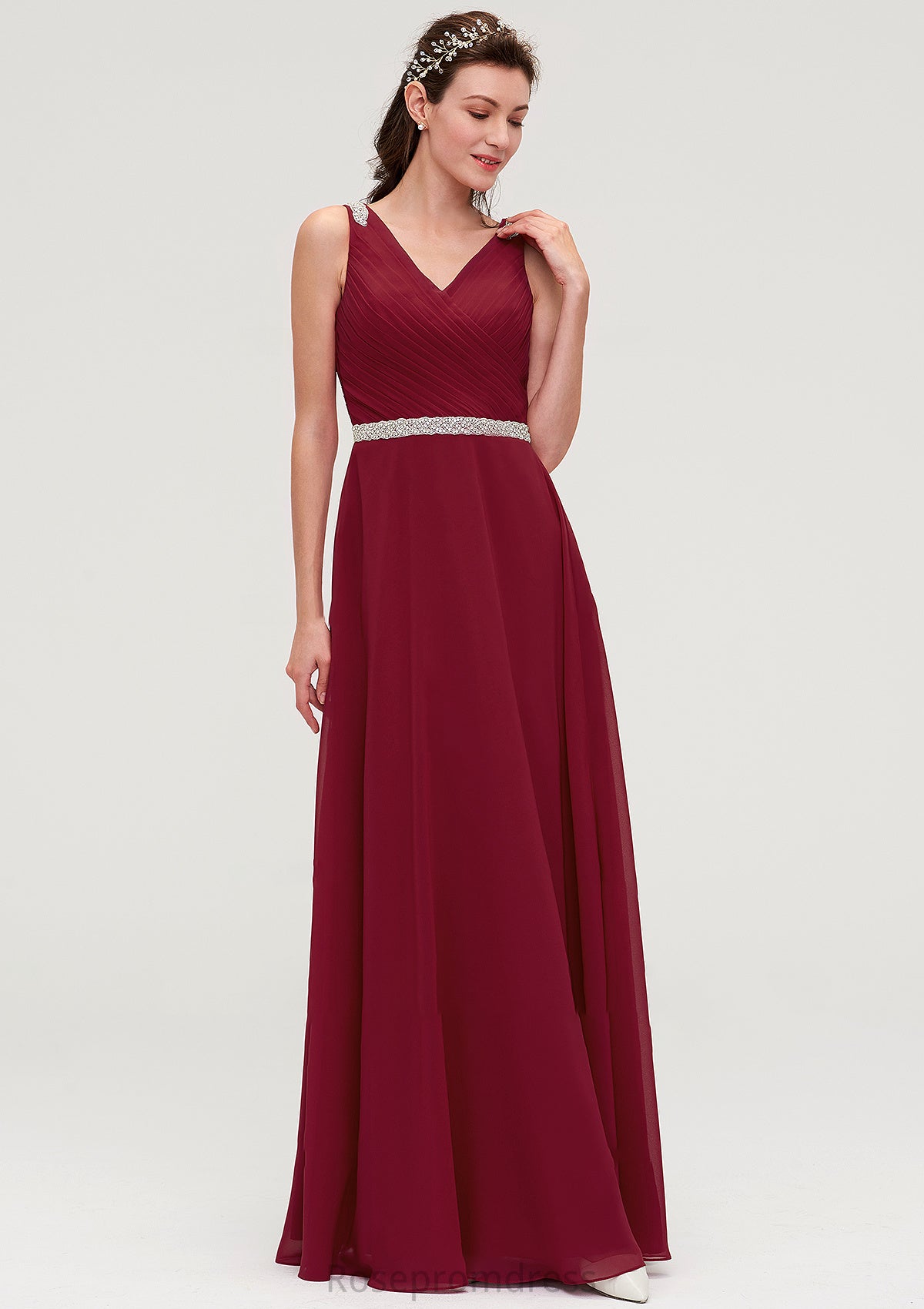 V Neck Sleeveless Chiffon A-line/Princess Long/Floor-Length Bridesmaid Dresseses With Waistband Beading Pleated Vicky SRSP0025355