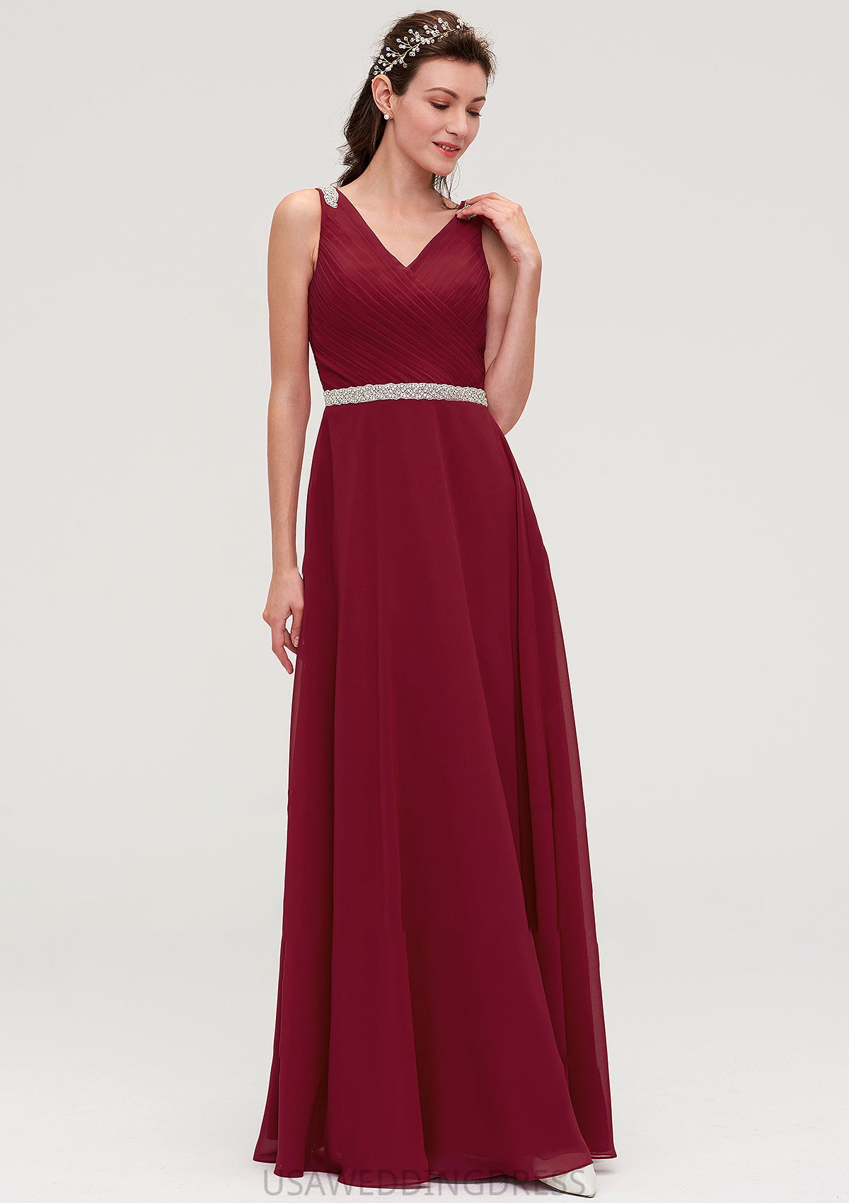 V Neck Sleeveless Chiffon A-line/Princess Long/Floor-Length Bridesmaid Dresseses With Waistband Beading Pleated Shyann DSP0025355