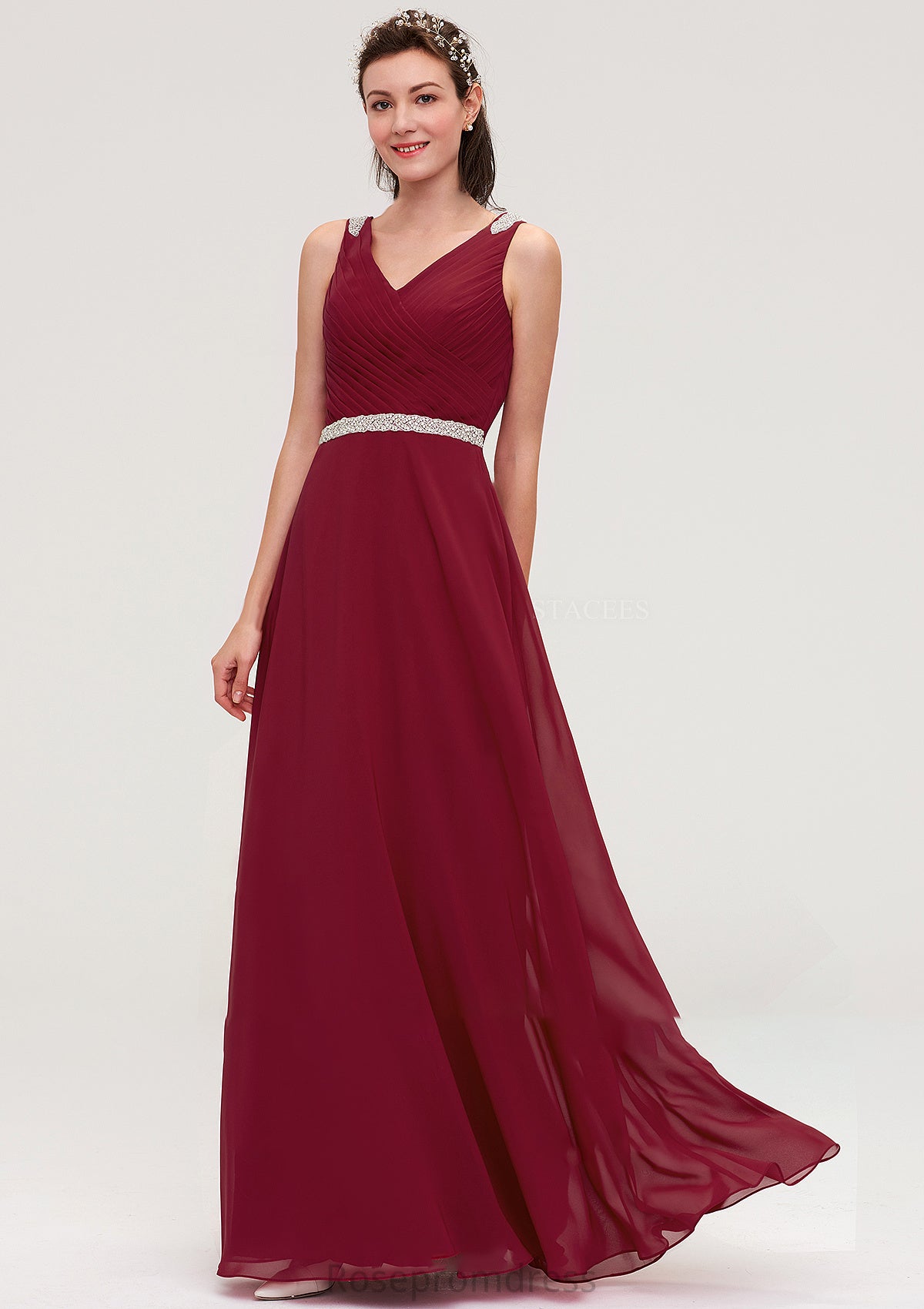 V Neck Sleeveless Chiffon A-line/Princess Long/Floor-Length Bridesmaid Dresseses With Waistband Beading Pleated Vicky SRSP0025355