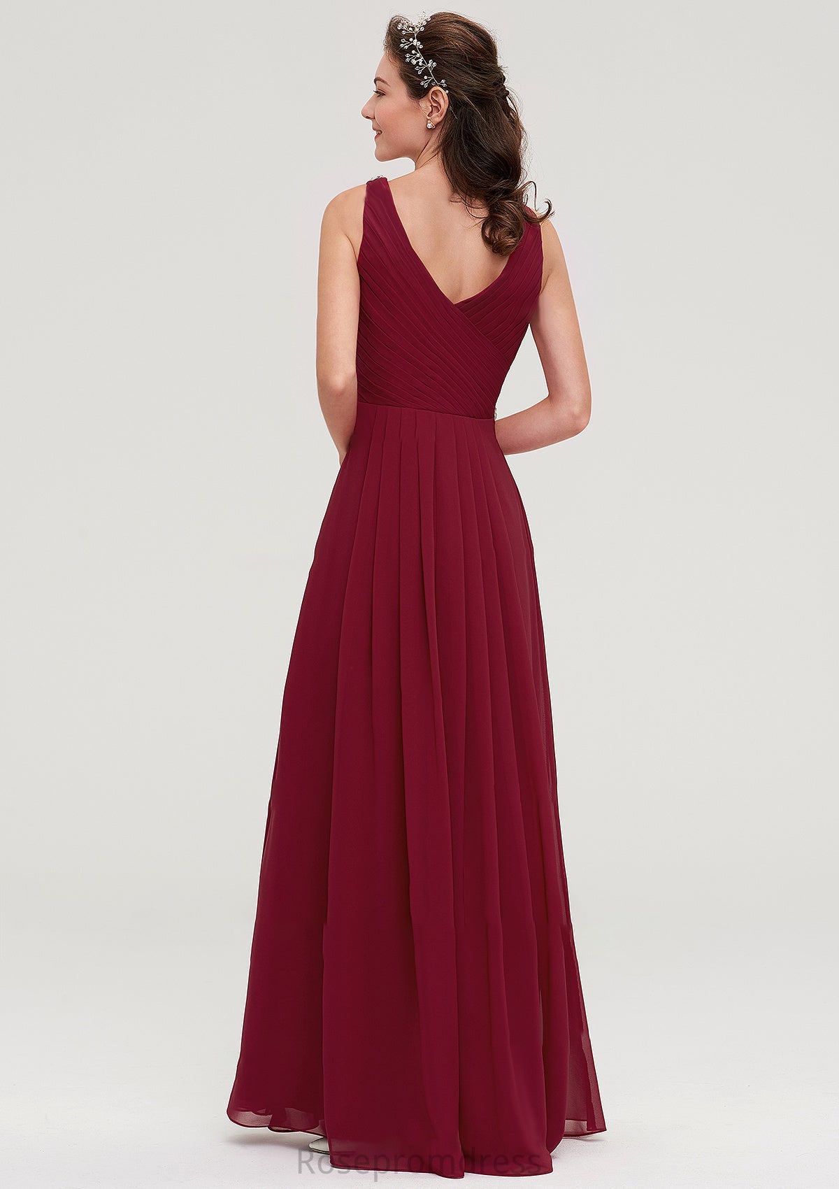 V Neck Sleeveless Chiffon A-line/Princess Long/Floor-Length Bridesmaid Dresseses With Waistband Beading Pleated Vicky SRSP0025355