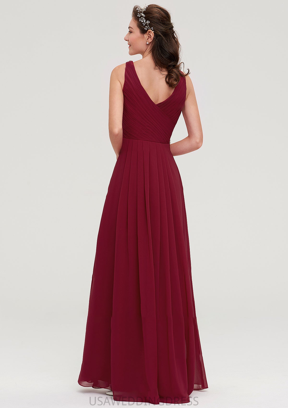 V Neck Sleeveless Chiffon A-line/Princess Long/Floor-Length Bridesmaid Dresseses With Waistband Beading Pleated Shyann DSP0025355