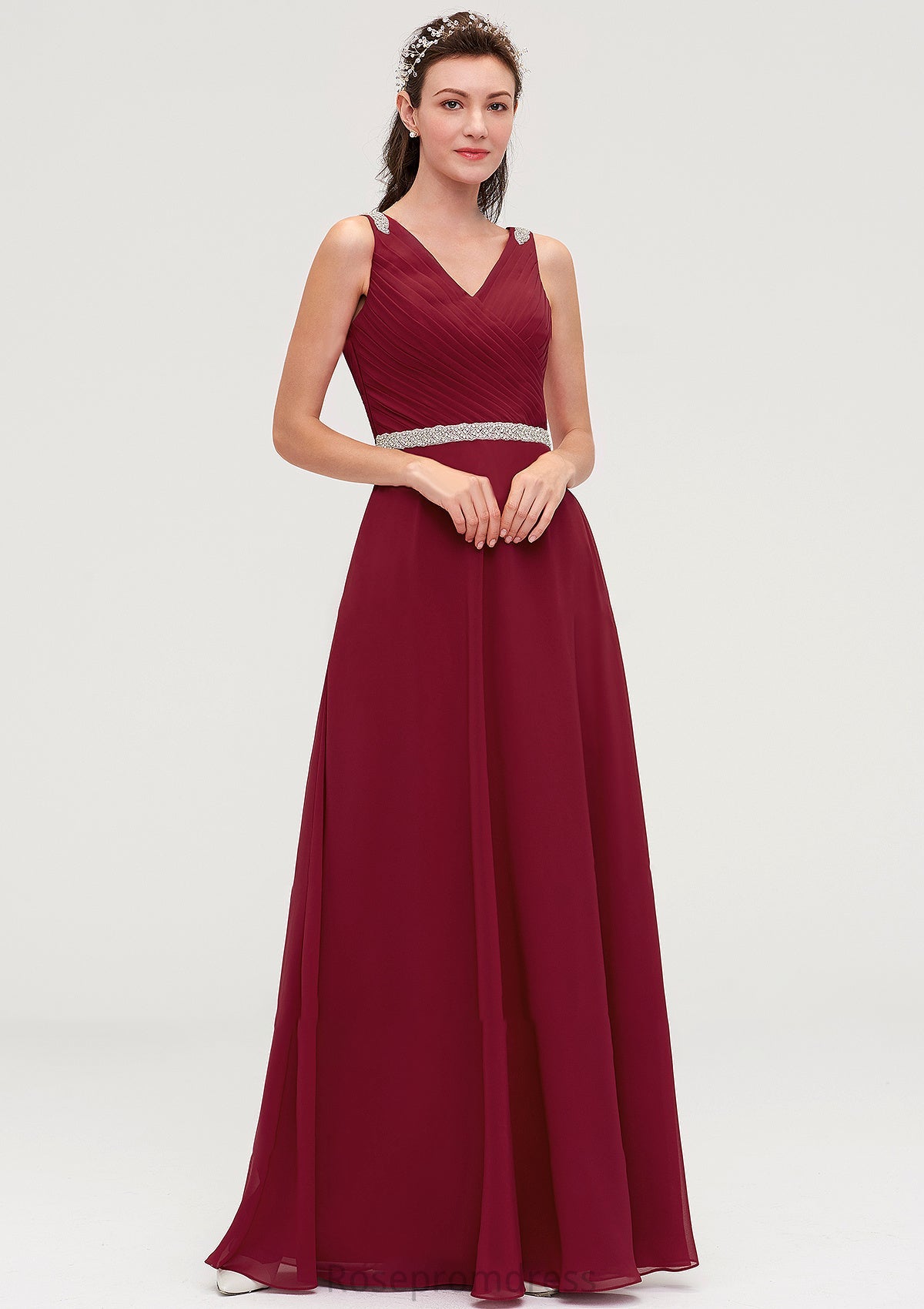 V Neck Sleeveless Chiffon A-line/Princess Long/Floor-Length Bridesmaid Dresseses With Waistband Beading Pleated Vicky SRSP0025355