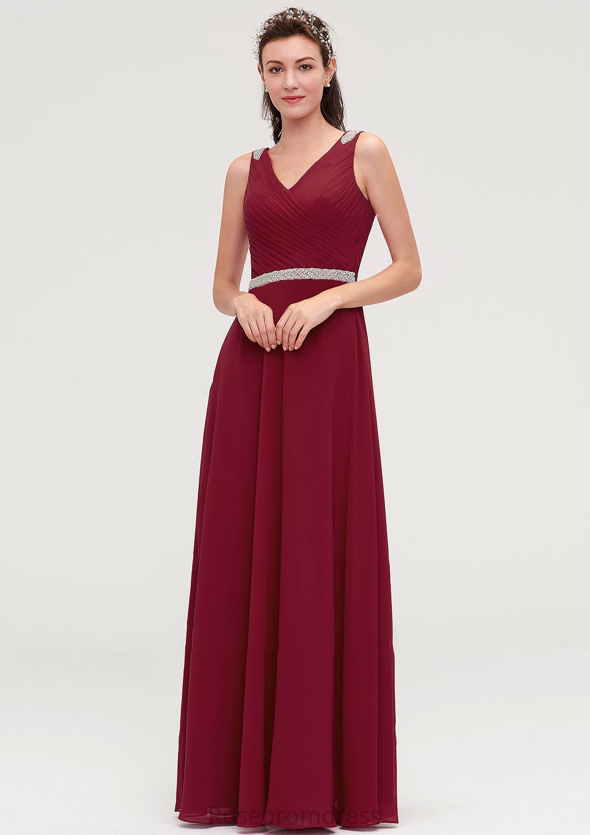 V Neck Sleeveless Chiffon A-line/Princess Long/Floor-Length Bridesmaid Dresseses With Waistband Beading Pleated Vicky SRSP0025355