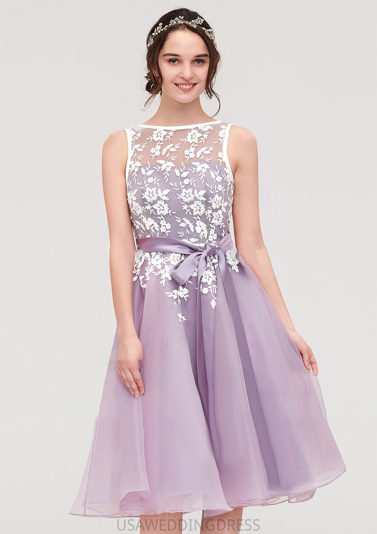 Bateau Sleeveless Organza Knee-Length A-line/Princess Bridesmaid Dresses With Sashes Lace Frederica DSP0025358