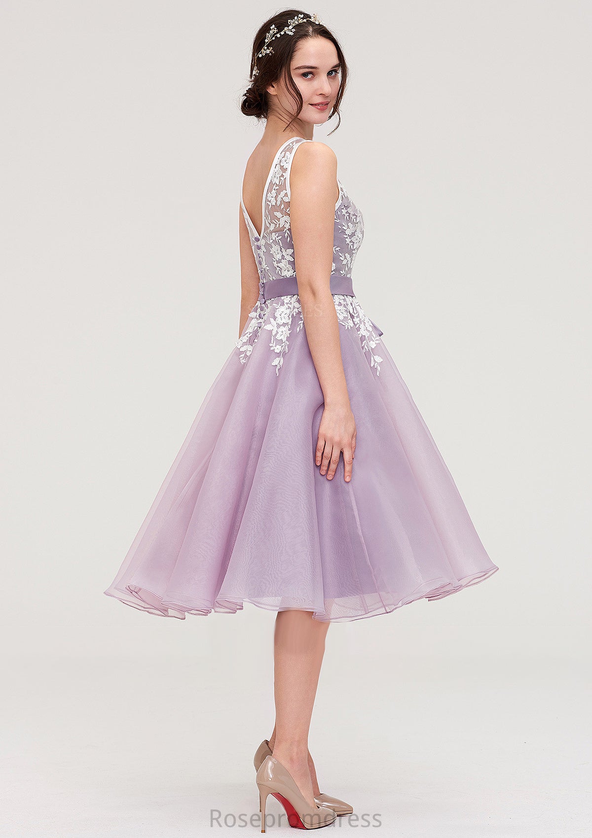 Bateau Sleeveless Organza Knee-Length A-line/Princess Bridesmaid Dresses With Sashes Lace Amara SRSP0025358